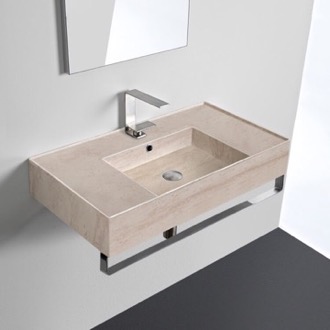 Bathroom Sink Beige Travertine Design Ceramic Wall Mounted Sink With Counter Space, Towel Bar Included Scarabeo 5123-E-TB